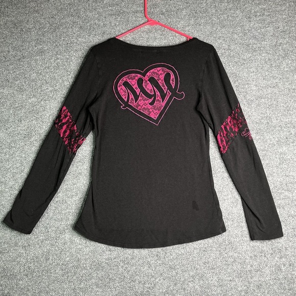 Y2K Metal Mulisha Womens Long Sleeve Top Medium Black Pink Heart Grunge - Picture 1 of 7